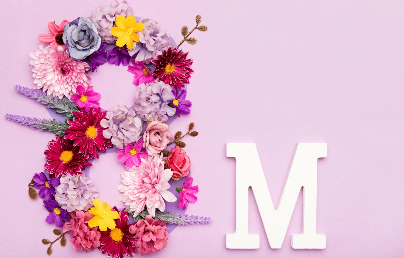 Photo wallpaper flowers, figures, March 8, pink, flowers, figure, postcard, spring