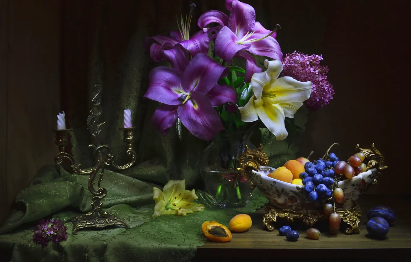 Photo wallpaper flowers, Lily, grapes, still life, candle holder, apricots