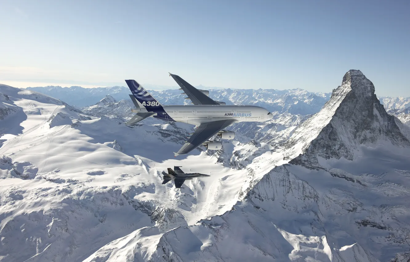Photo wallpaper The sky, Mountains, The plane, Snow, Liner, Flight, Height, F/A-18