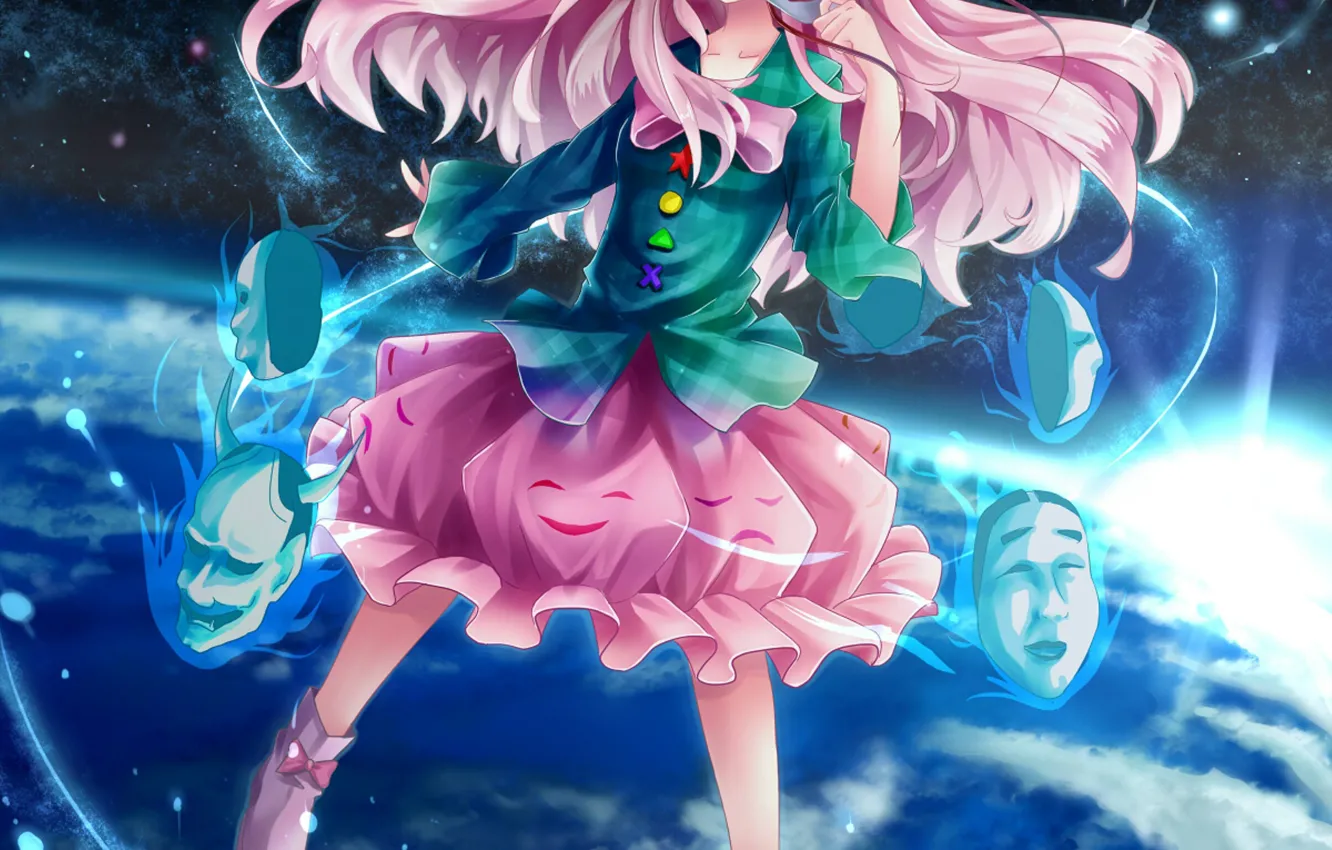 Photo wallpaper girl, flight, space, skirt, anime, mask, long hair, touhou