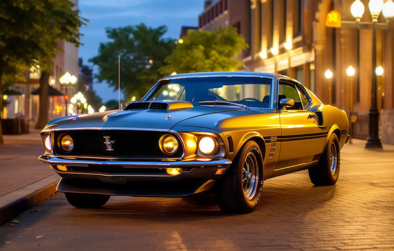 Photo wallpaper car, city, trees, yellow, blue, art, street, building