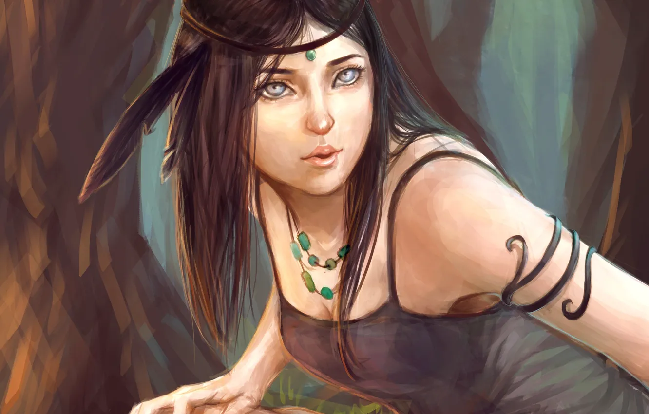 Photo wallpaper look, girl, feathers, art, beads