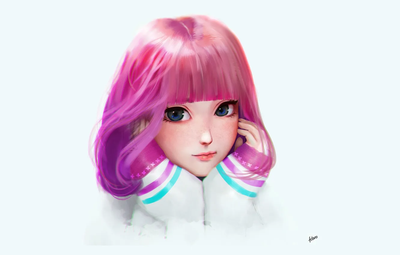 Photo wallpaper look, face, hands, art, blue background, bangs, pink hair, big eyes