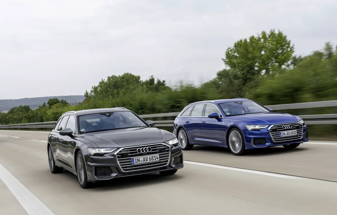 Photo wallpaper road, blue, Audi, 2018, dark gray, A6 Avant, station wagons