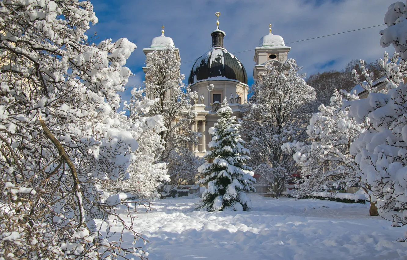 Photo wallpaper winter, snow, trees, nature, the city, Austria, Church, Cathedral