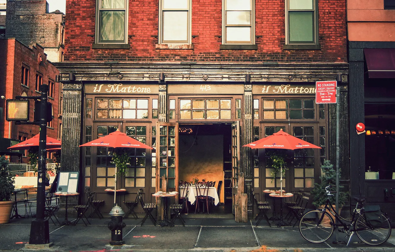 Photo wallpaper city, bike, street, buildings, tables, chairs, sidewalk, hydrant