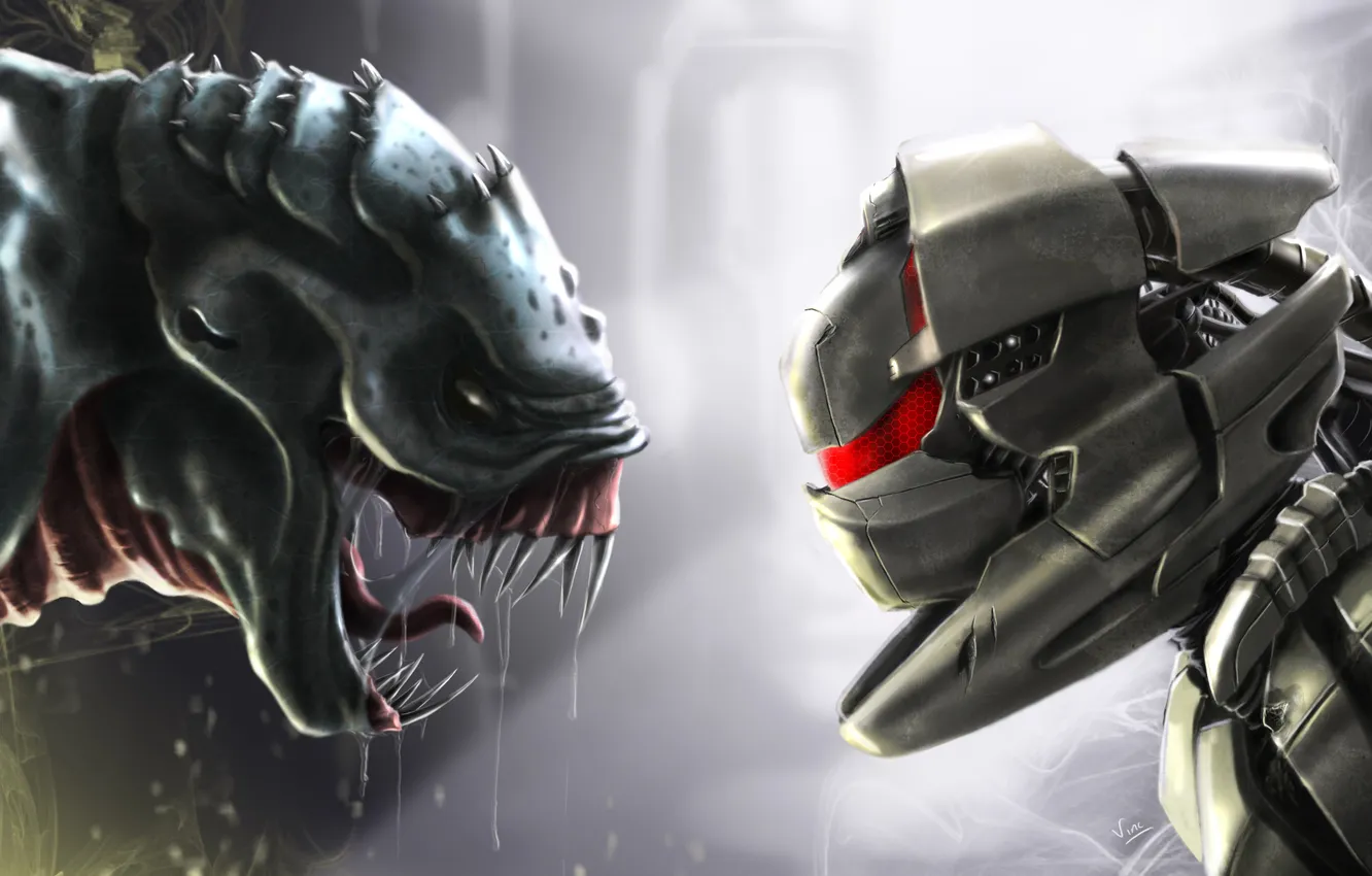 Photo wallpaper fiction, robot, monster, the opposition, Robot vs monstre
