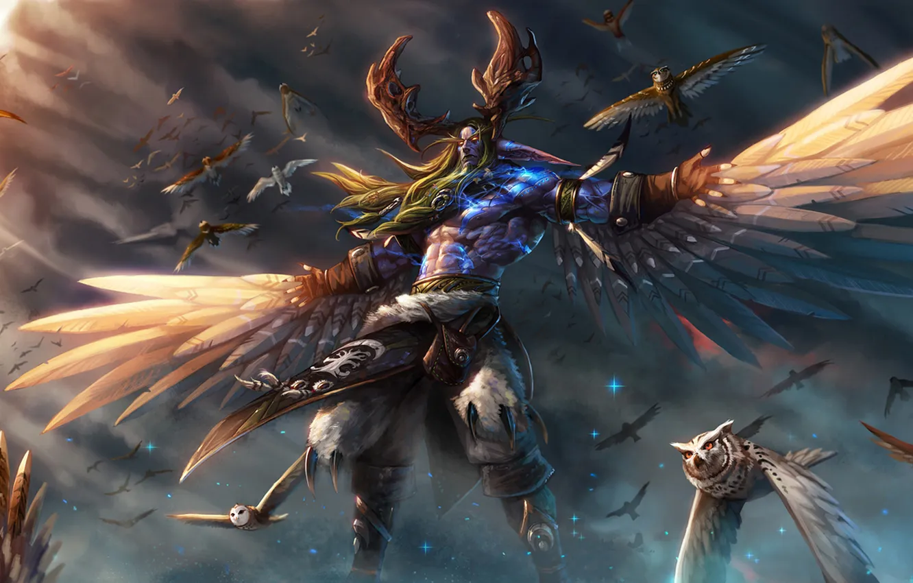 Photo wallpaper the sky, stars, wings, MAG, WoW, Stormrage, owls, World of warcraft