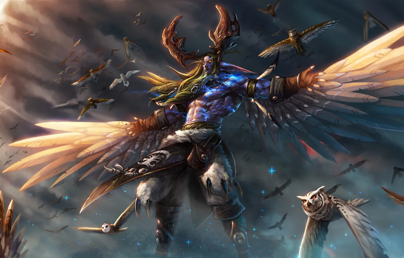 Photo wallpaper the sky, stars, owl, wings, MAG, World of Warcraft, Stormrage, wow