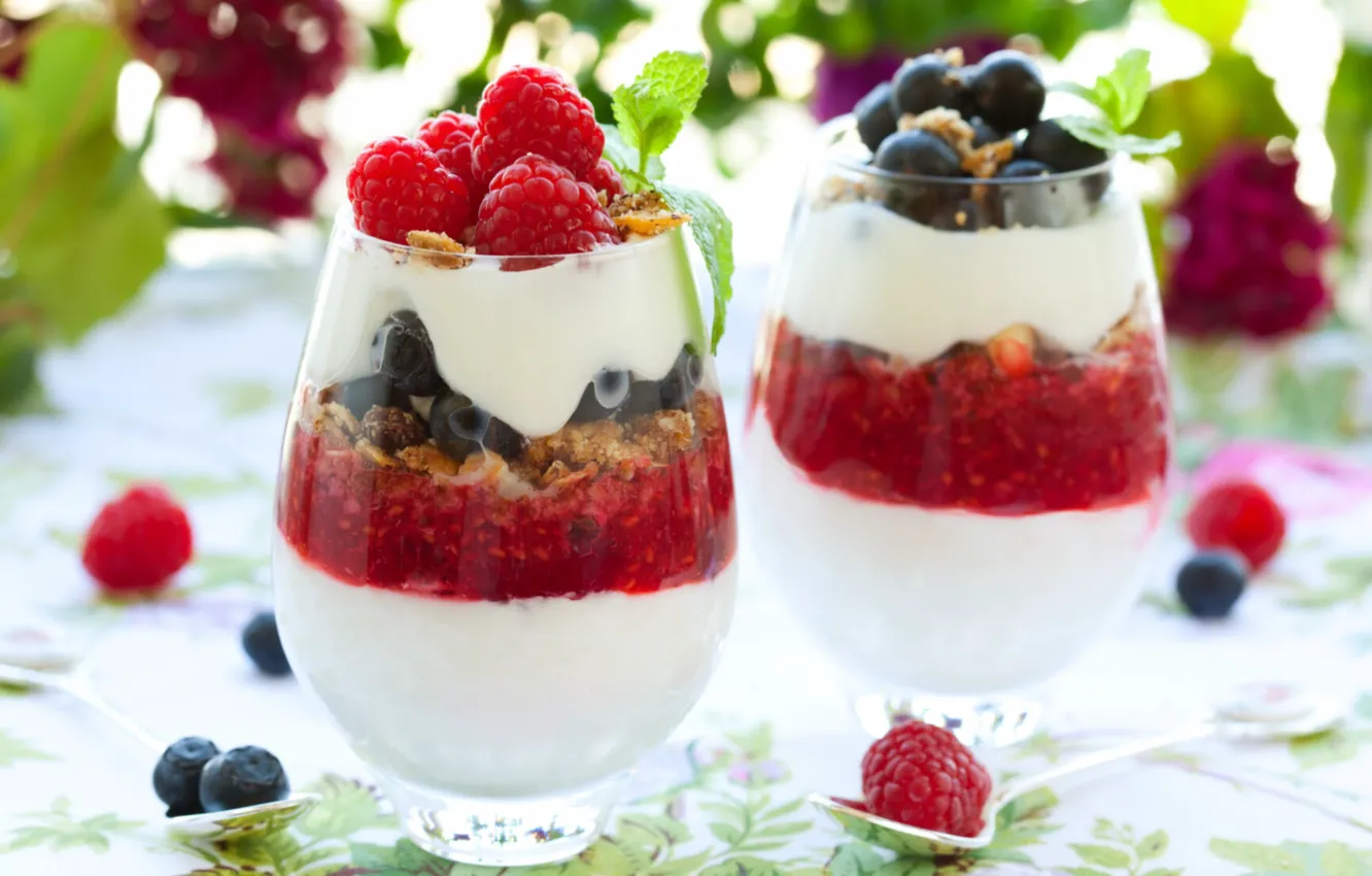 Photo wallpaper berries, raspberry, blueberries, dessert, yogurt