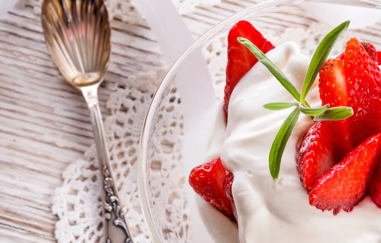 Photo wallpaper berries, food, strawberry, dessert, sweet, cream, dessert, strawberries
