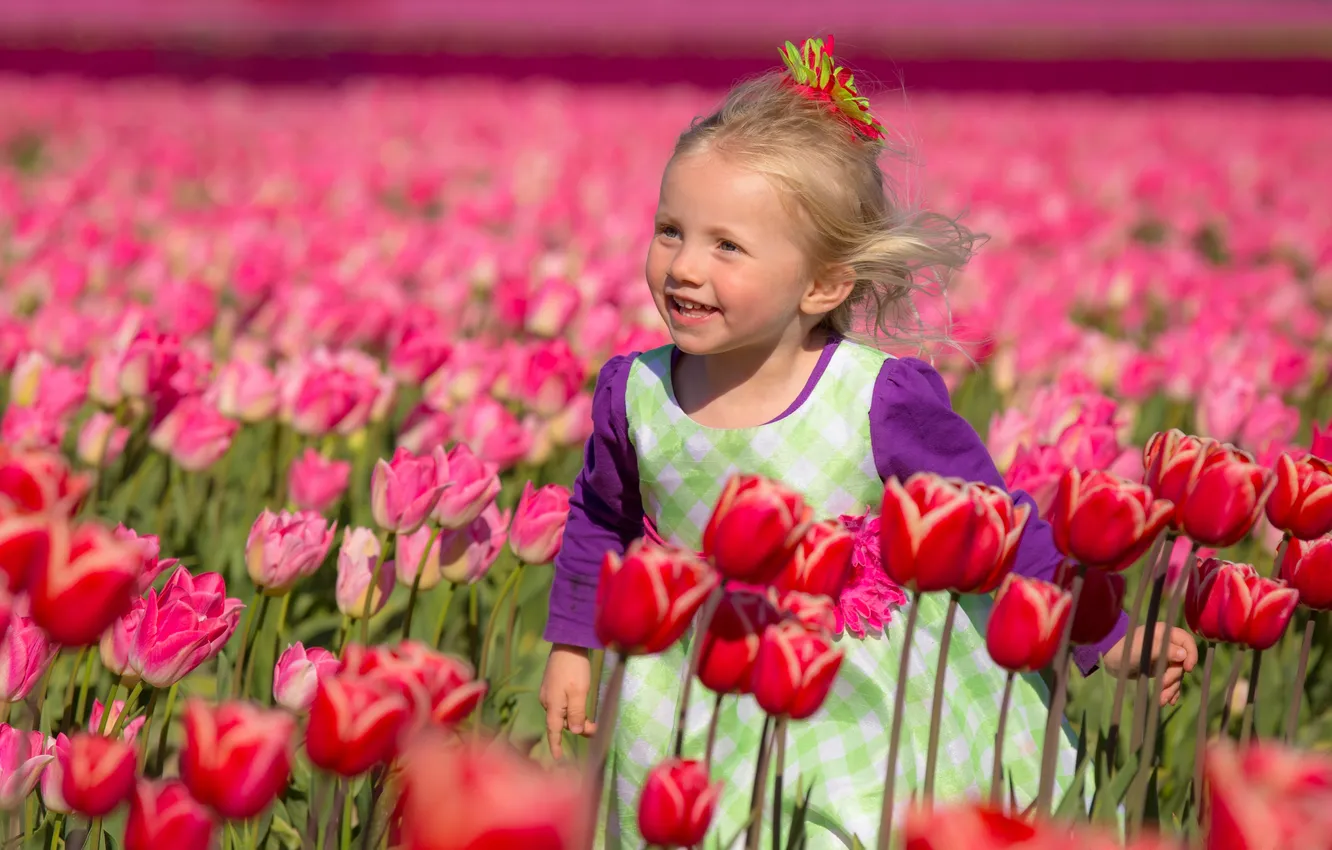Photo wallpaper children, spring, girl, tulips, pink, plantation