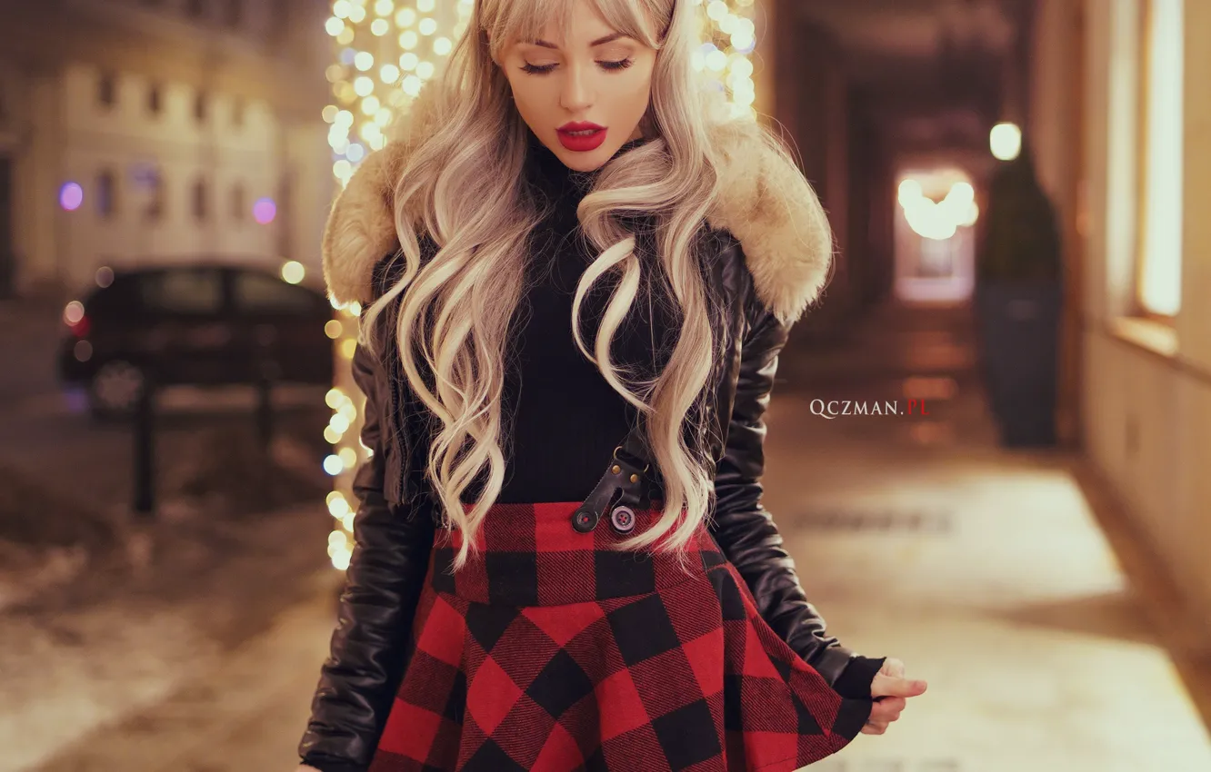 Photo wallpaper girl, model, skirt, blonde, long hair, kozhanka, Kasia, Andrzej Kornalewski