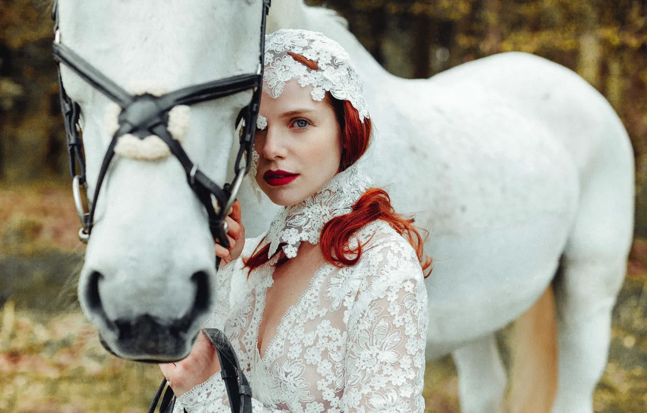 Photo wallpaper look, girl, mood, horse, red, redhead, white horse