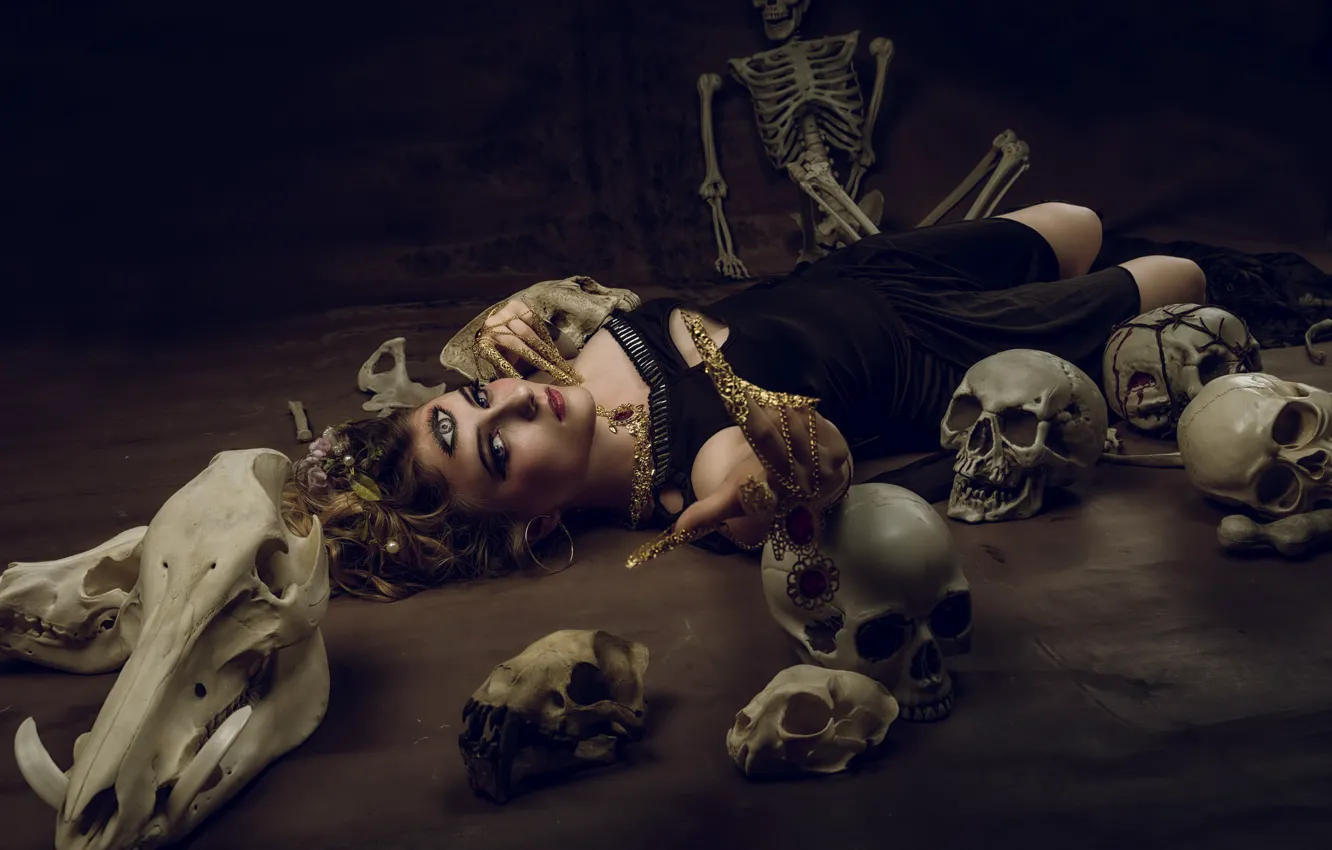 Photo wallpaper girl, skull, skeleton