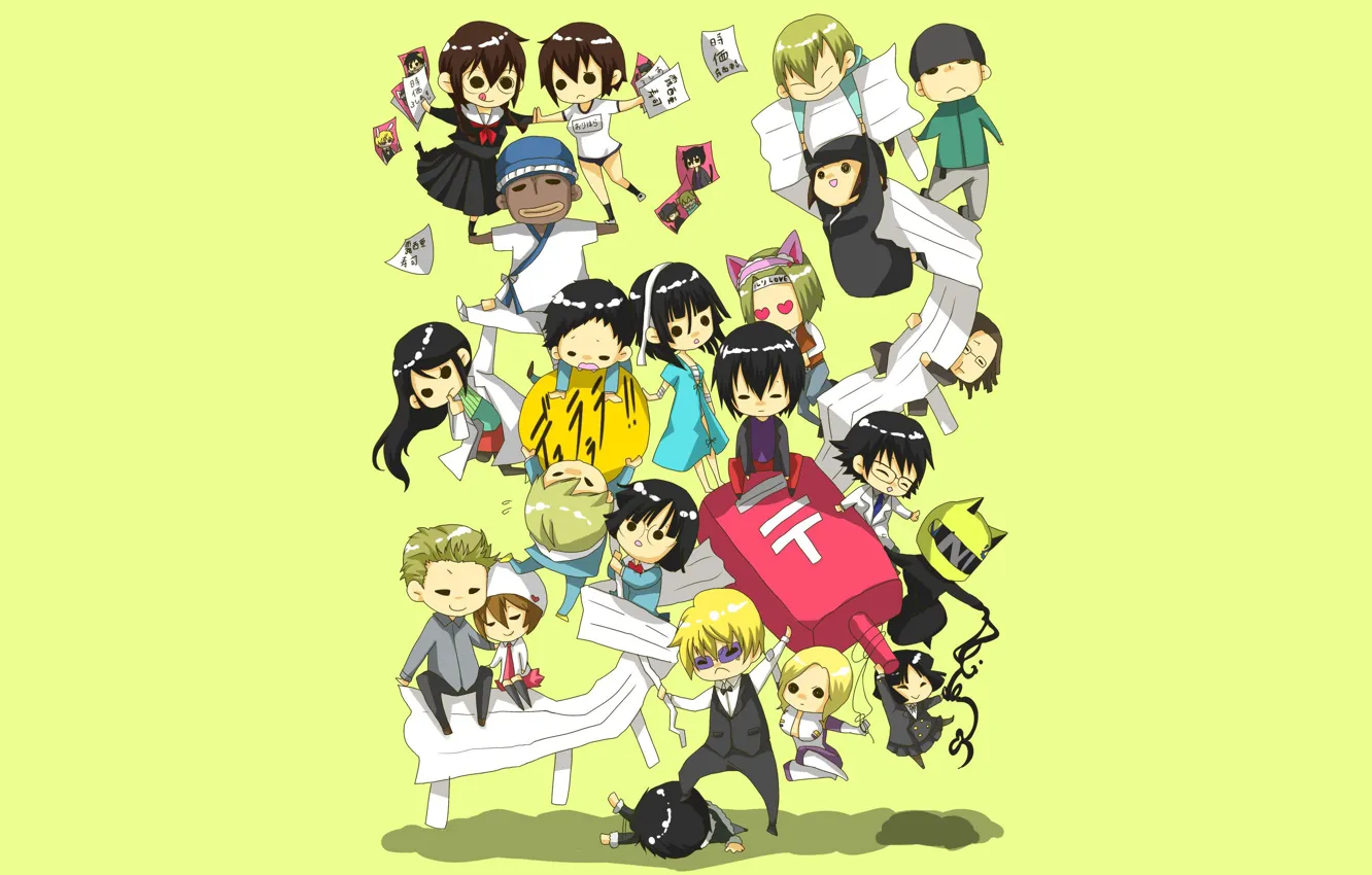Photo wallpaper baby, art, Chibi, characters, green background, Durarara, Durarara