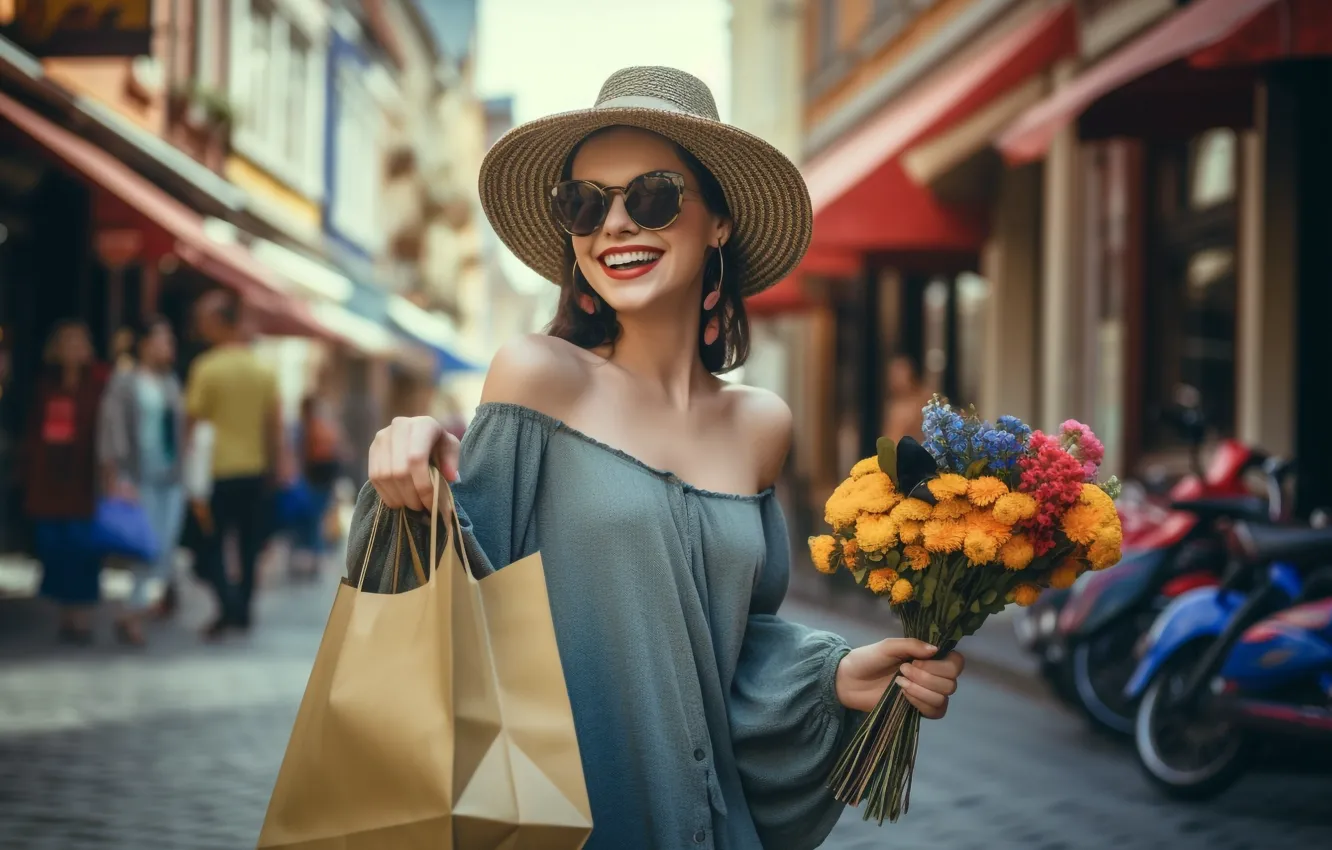 Photo wallpaper look, girl, flowers, the city, smile, street, building, bouquet