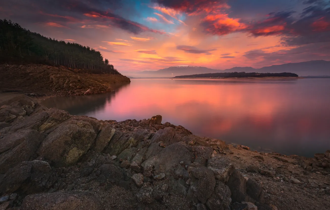 Photo wallpaper forest, clouds, sunset, mountains, stones, shore, pond, sunset sky