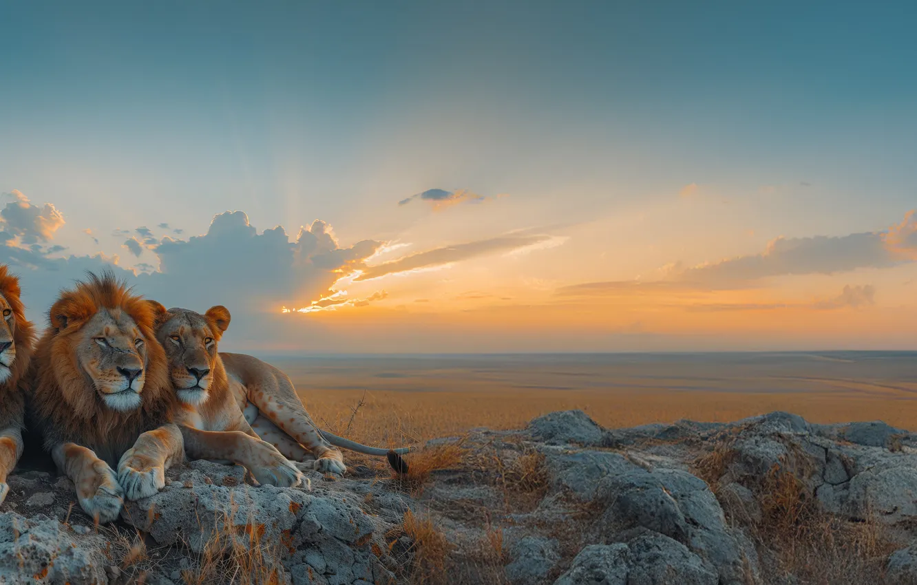 Photo wallpaper Stones, Dawn, Lions, Three, Digital art, Predators, Big Cats, AI art