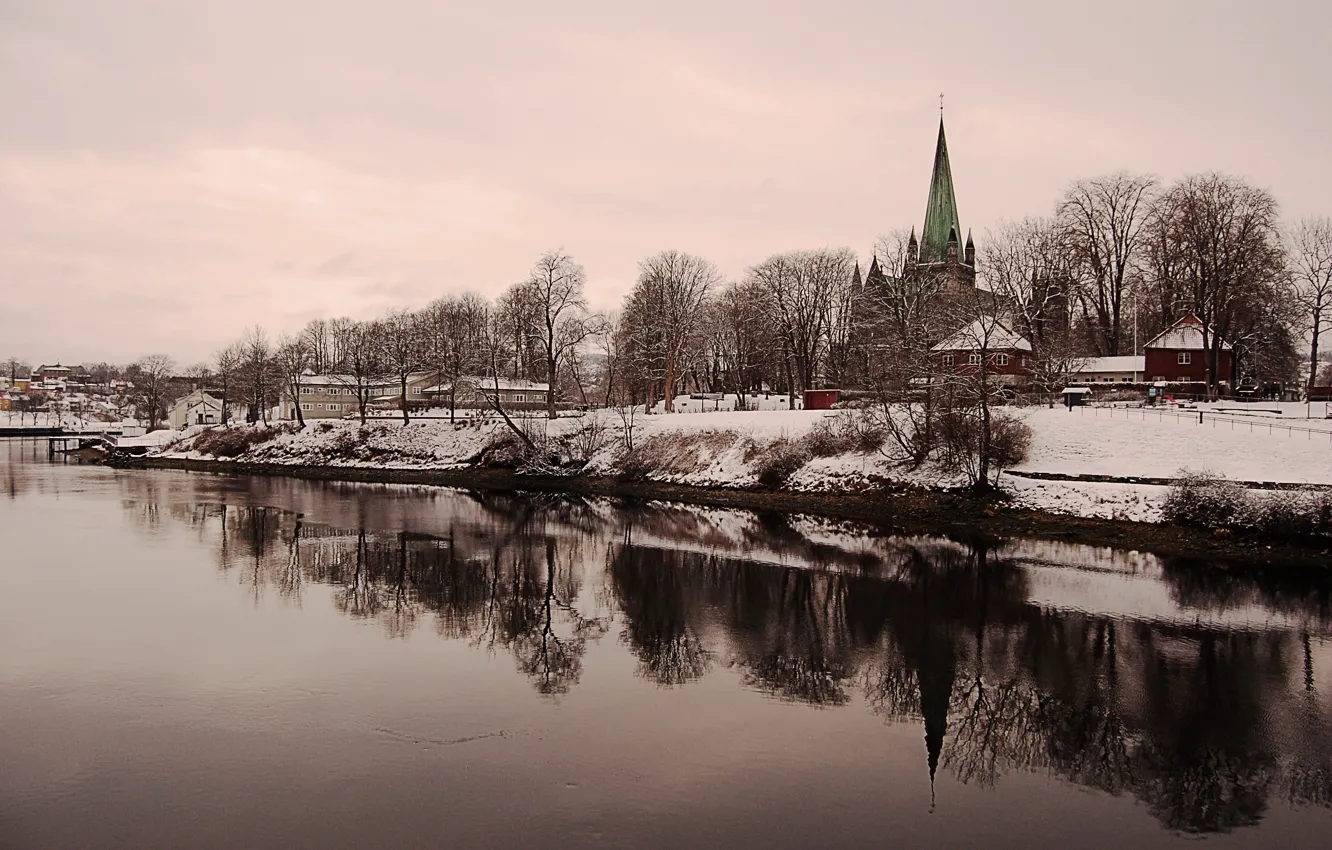 Photo wallpaper trees, reflection, river, Norway, Church, Trondheim, Nidelva