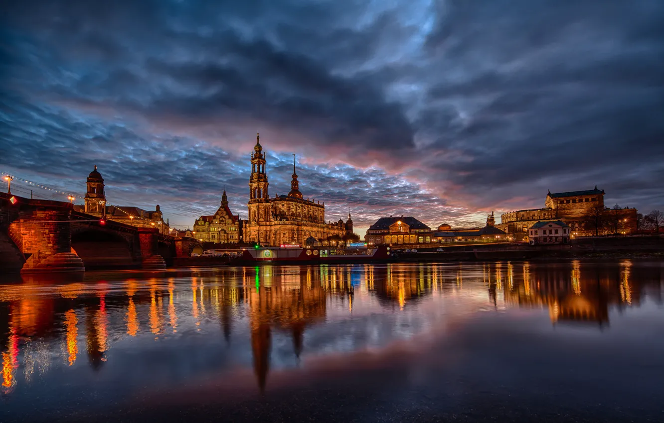 Photo wallpaper the sky, water, clouds, sunset, bridge, nature, the city, lights