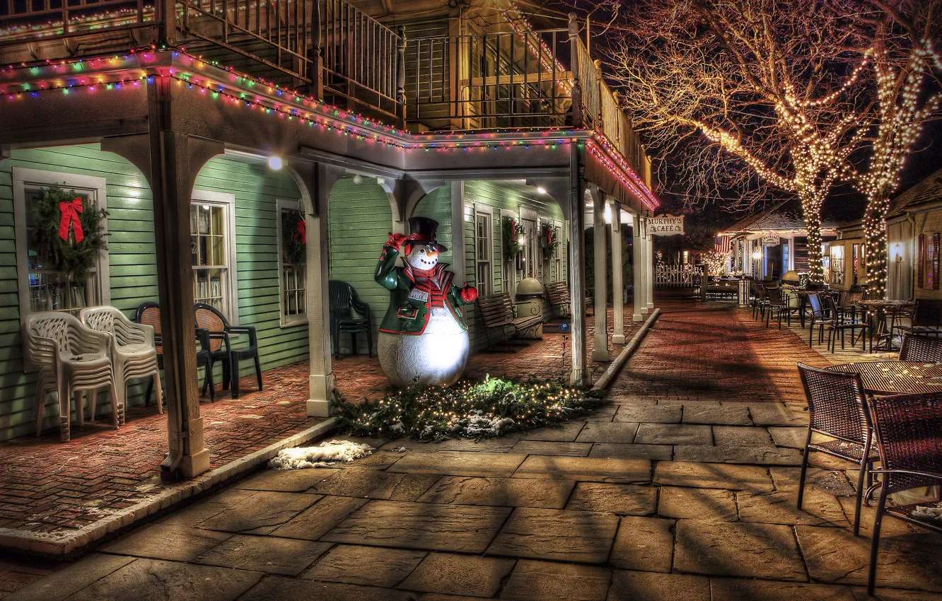 Photo wallpaper cafe, snowman, holiday house, Christmas decoration, Christmas town