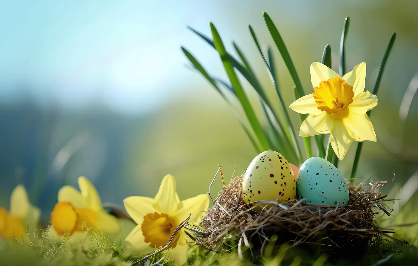 Photo wallpaper flowers, eggs, spring, colorful, Easter, flowers, spring, Easter