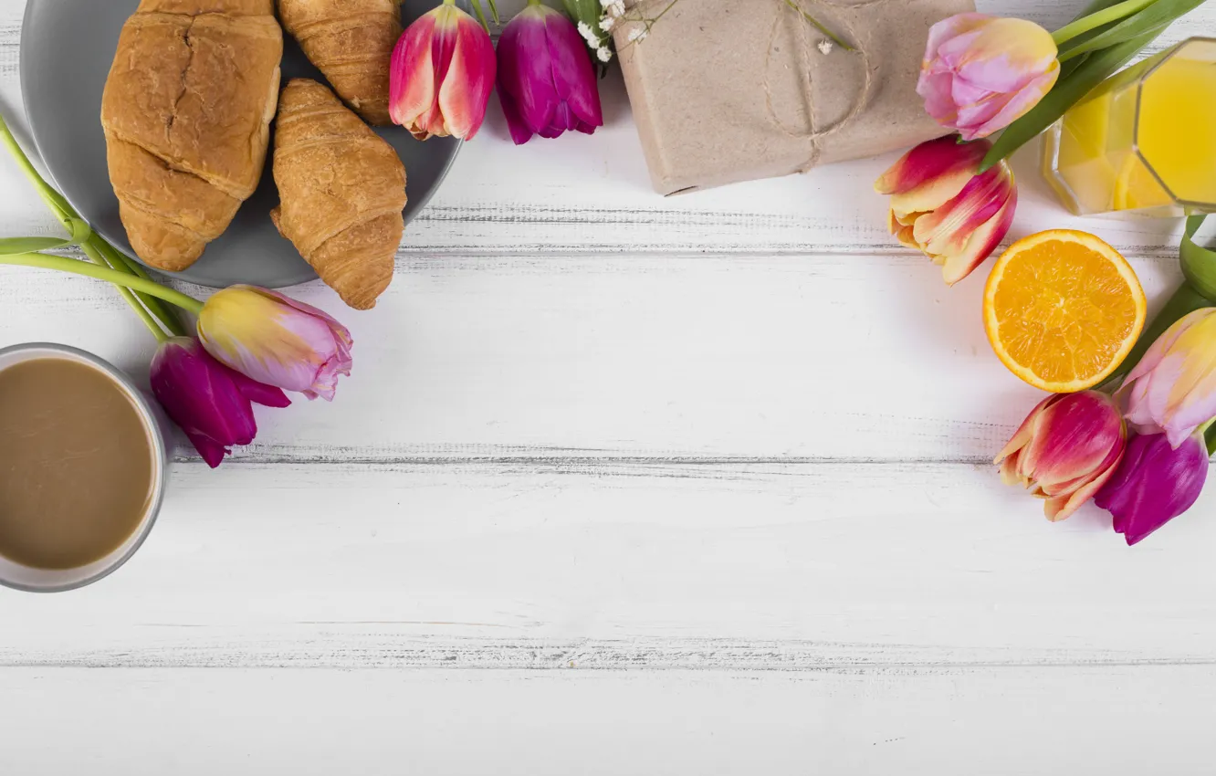 Photo wallpaper flowers, coffee, Breakfast, colorful, tulips, flowers, tulips, coffee cup