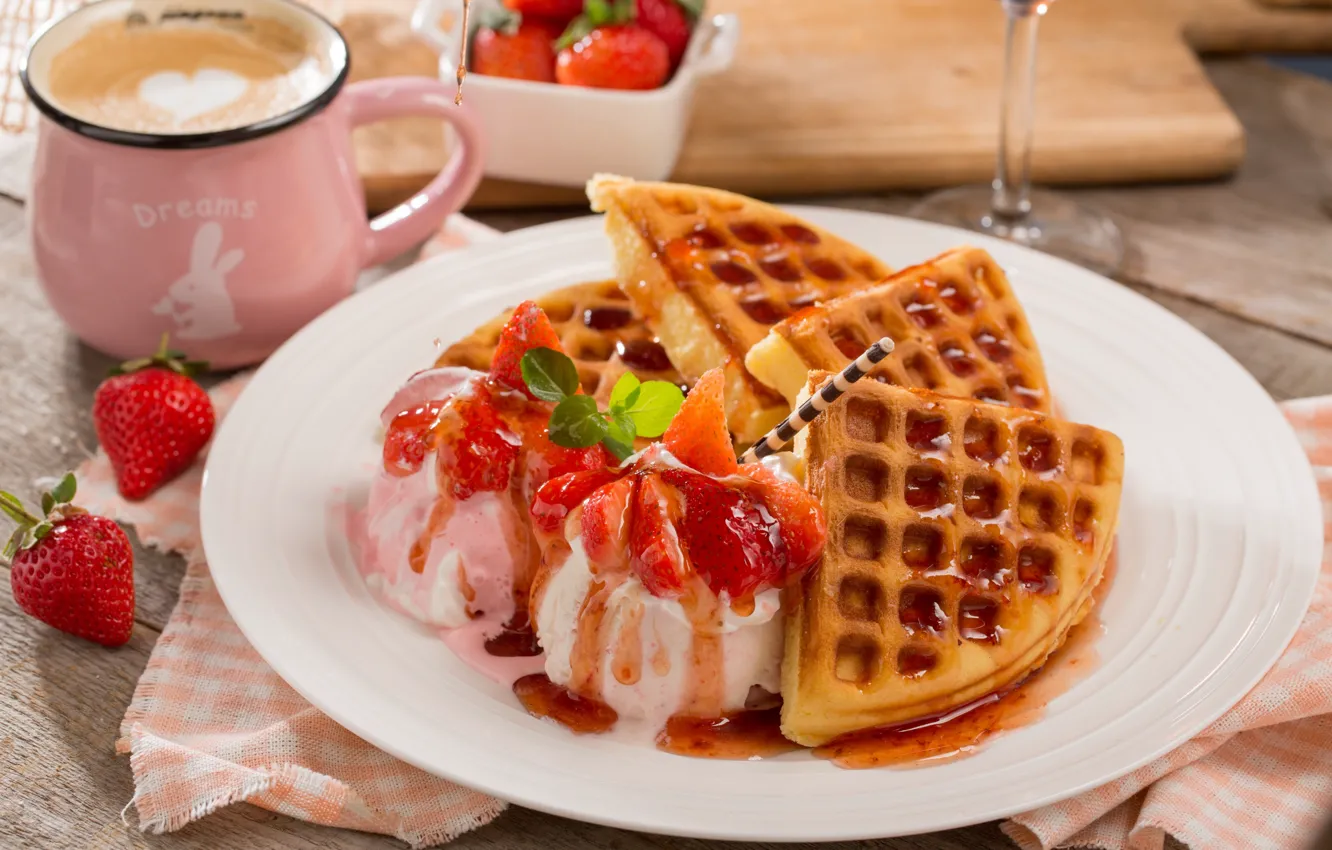 Photo wallpaper strawberry, ice cream, dessert, waffles
