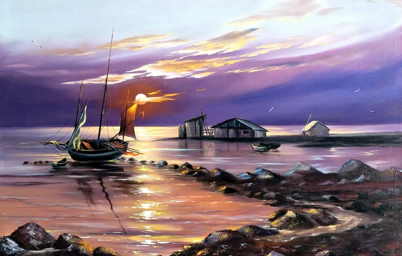 Photo wallpaper sea, water, landscape, sunset, Wallpaper, shore, boat, figure