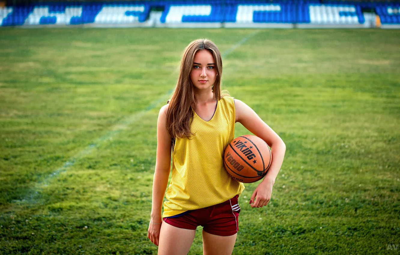 Photo wallpaper field, look, pose, football, model, shorts, the ball, portrait