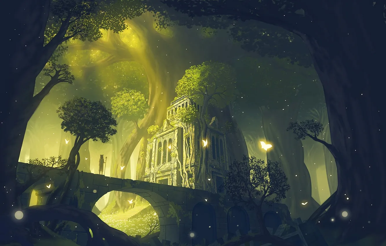 Photo wallpaper forest, trees, nature, roots, butterfly, people, anime, art