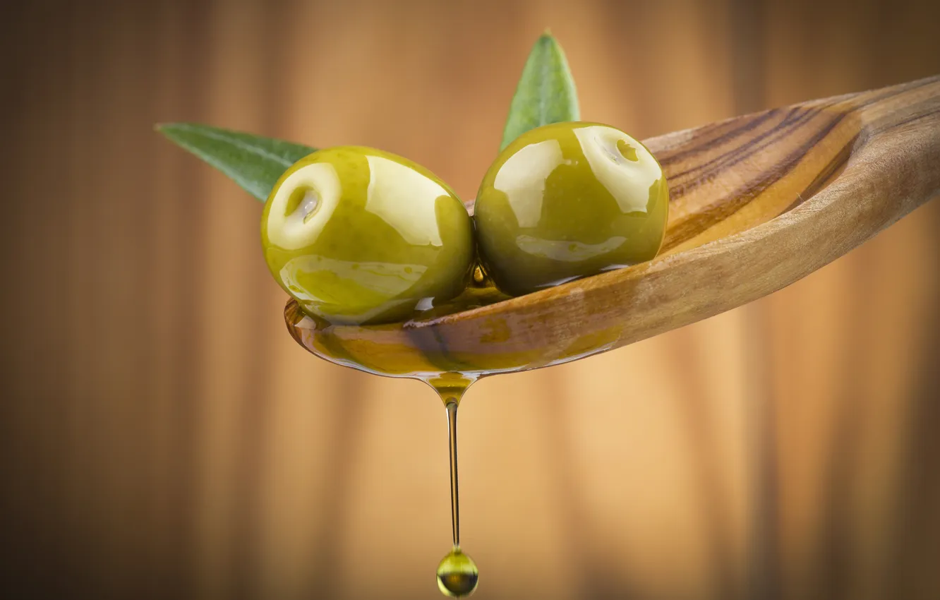 Photo wallpaper greens, oil, spoon, olives, spoon, oil, greens, olives