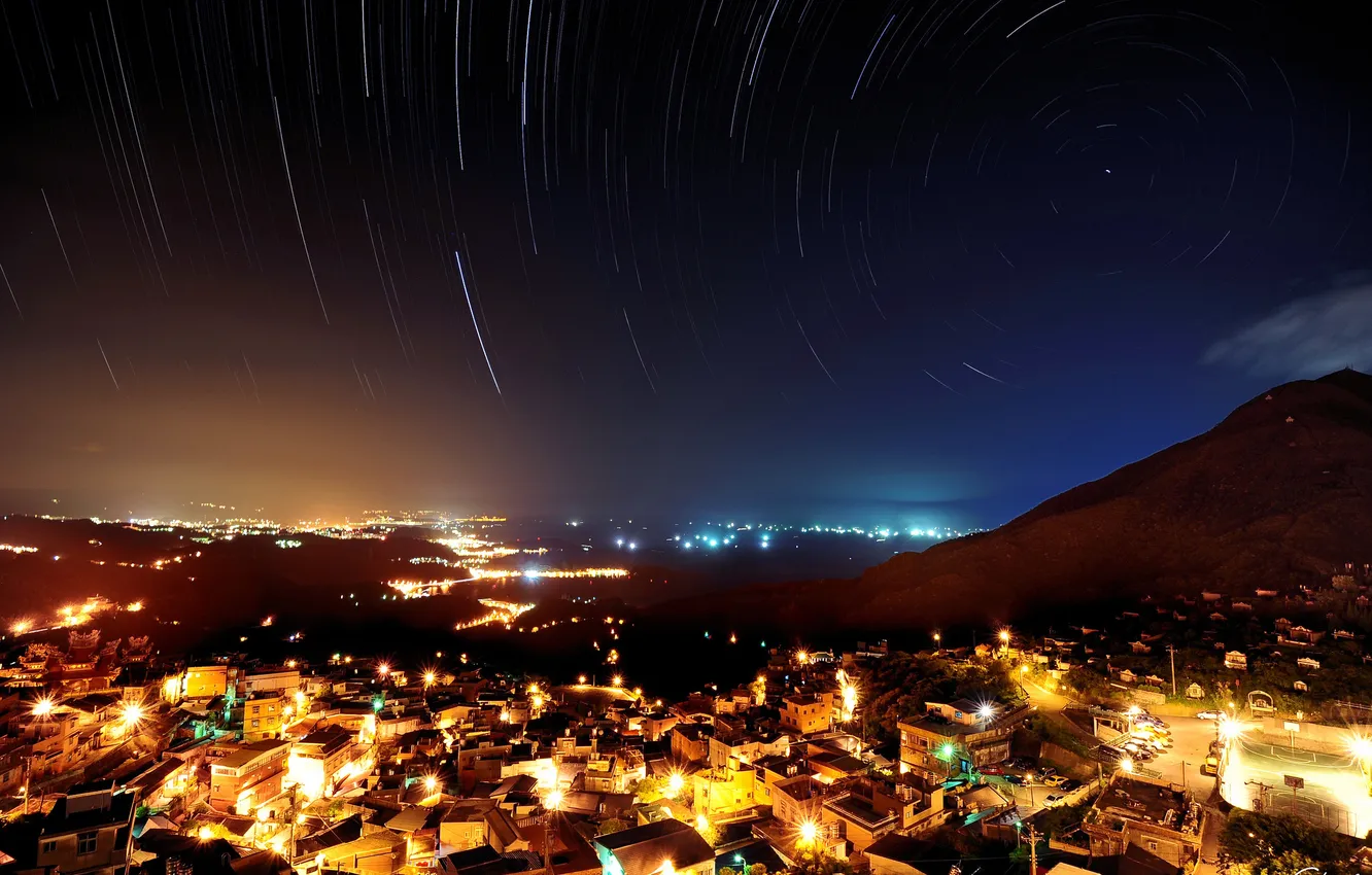 Photo wallpaper the sky, stars, night, the city, lights, shooting