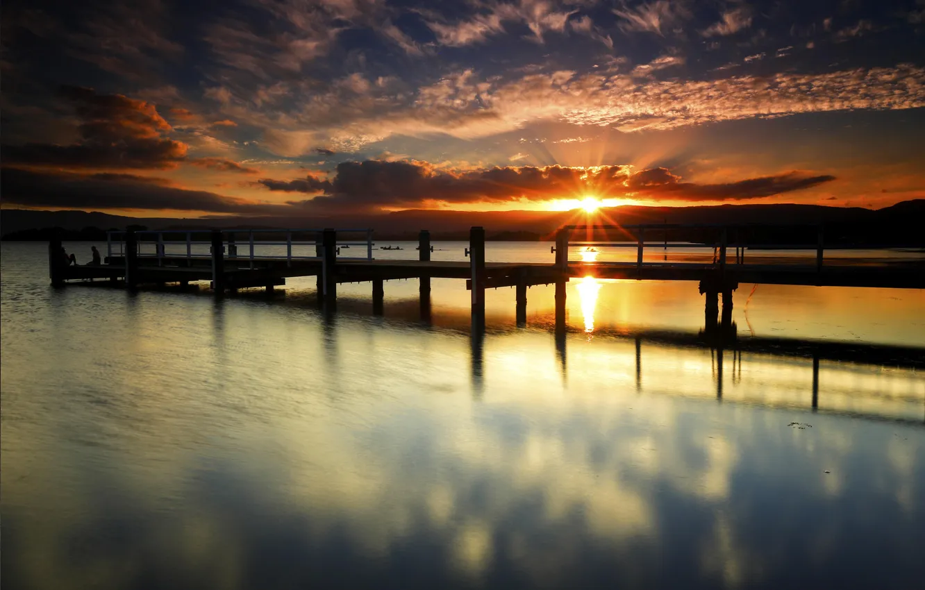 Photo wallpaper the sun, clouds, sunset, lake, pierce