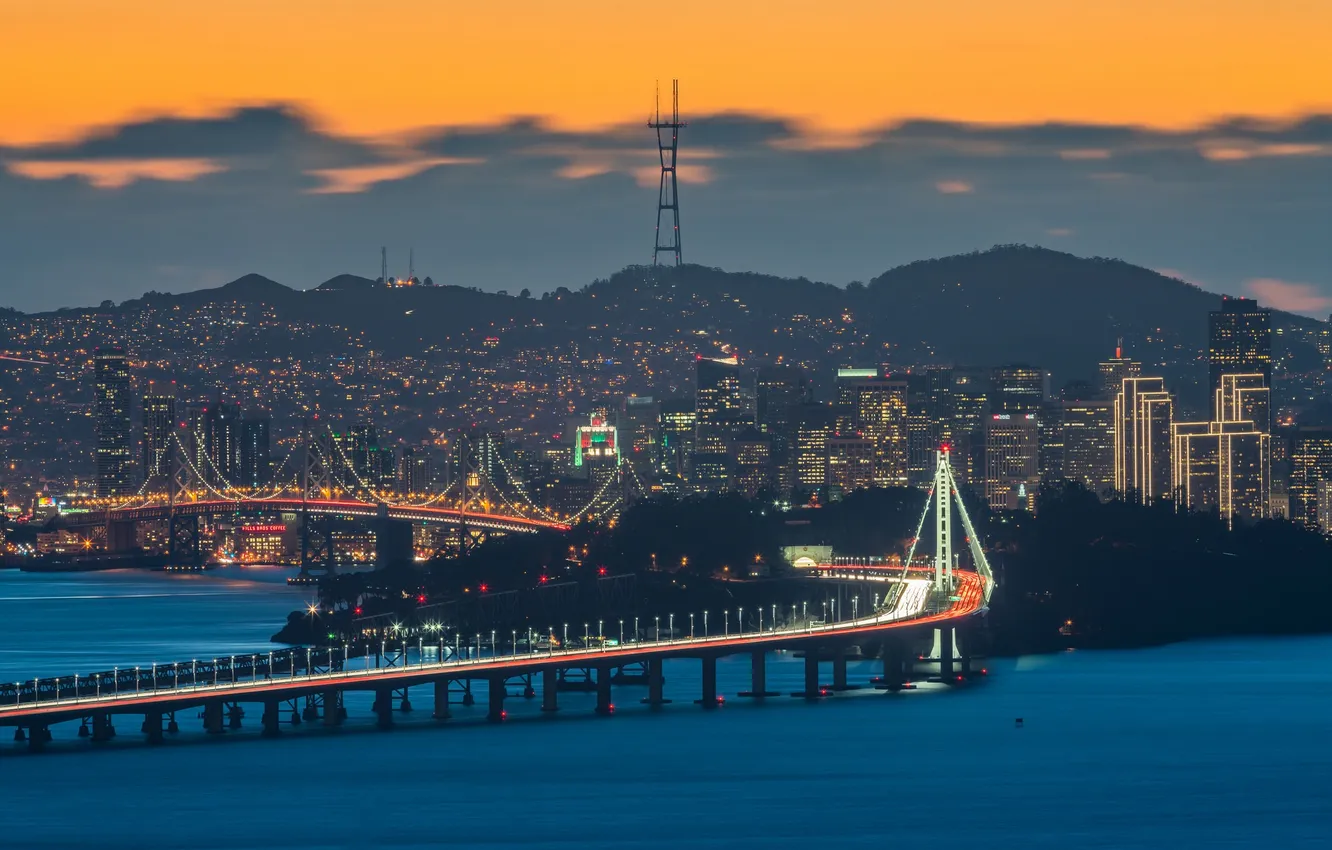 Photo wallpaper clouds, the city, CA, San Francisco, twilight, Bay Bridge, United States, orange sky