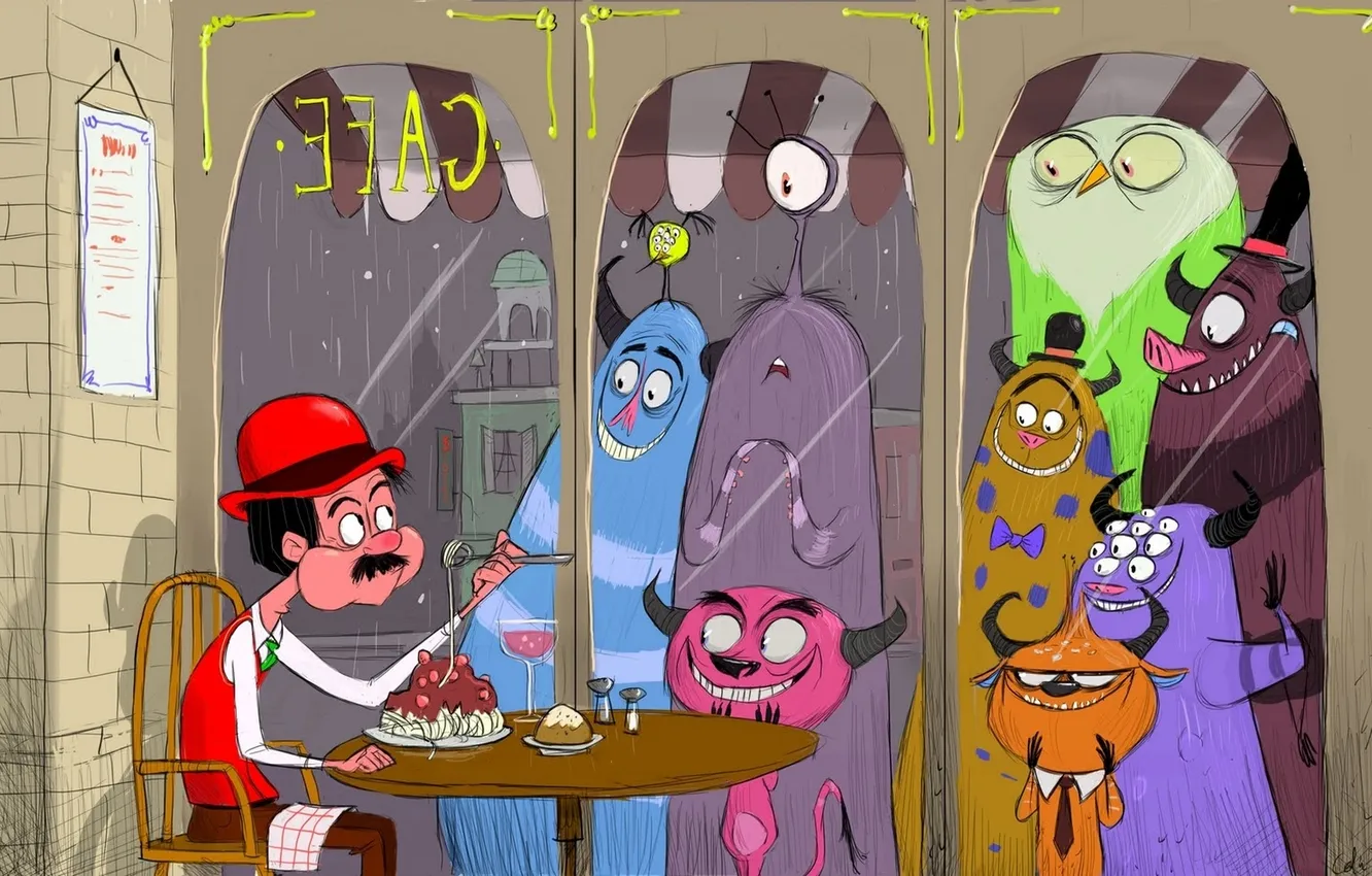 Photo wallpaper glass, people, monster, cafe, surrealism