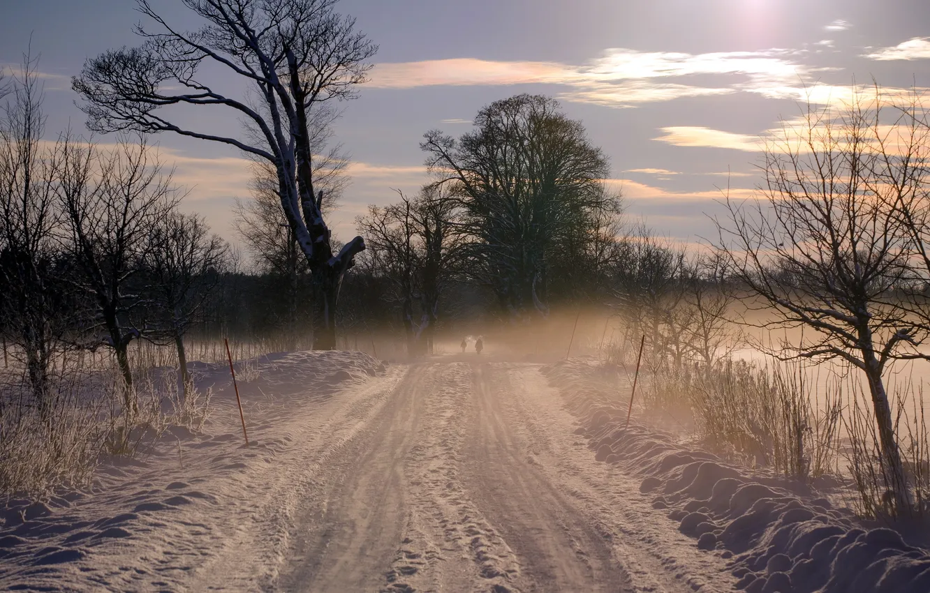 Photo wallpaper winter, road, sunset