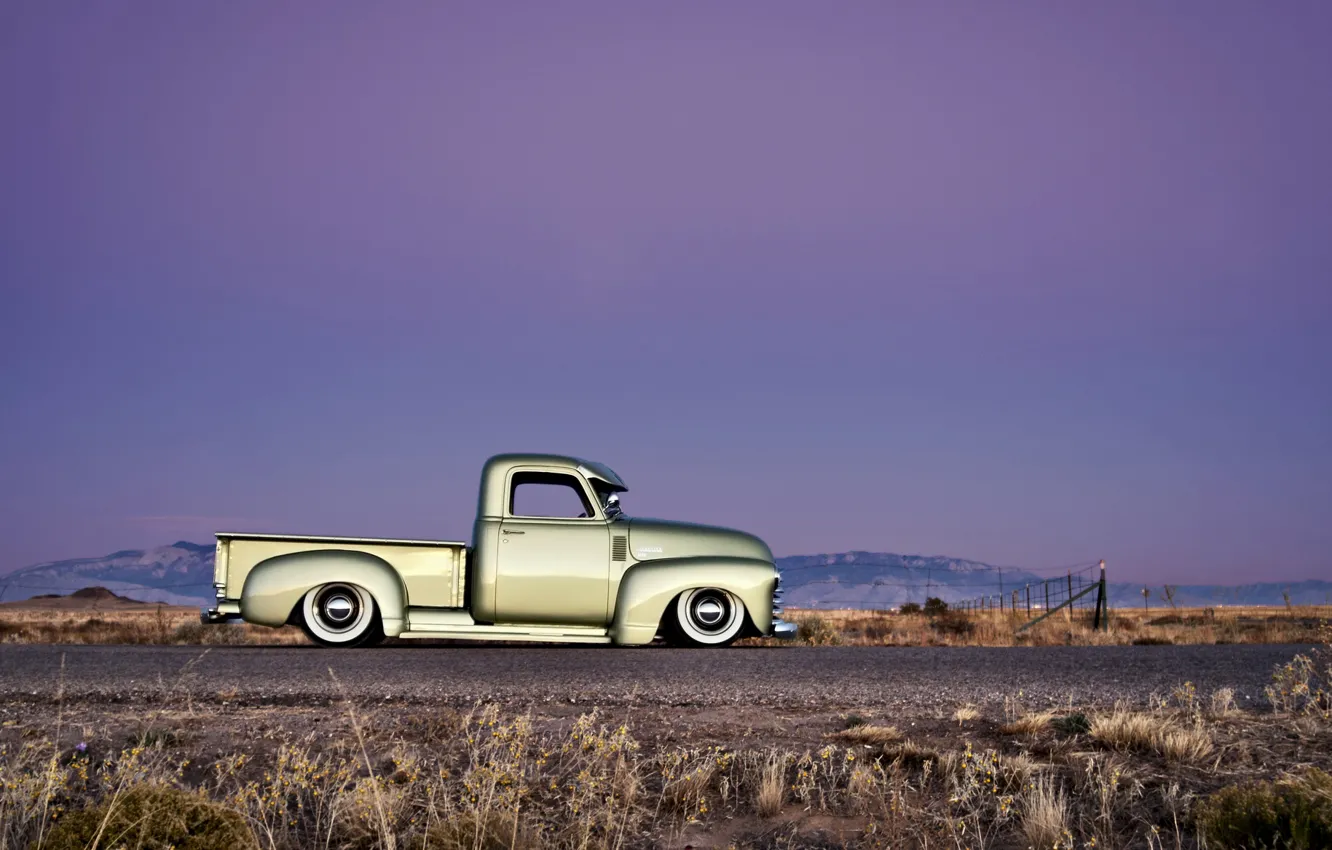 Photo wallpaper Chevrolet, wheels, side, road, sky, hill, horizon, 1949