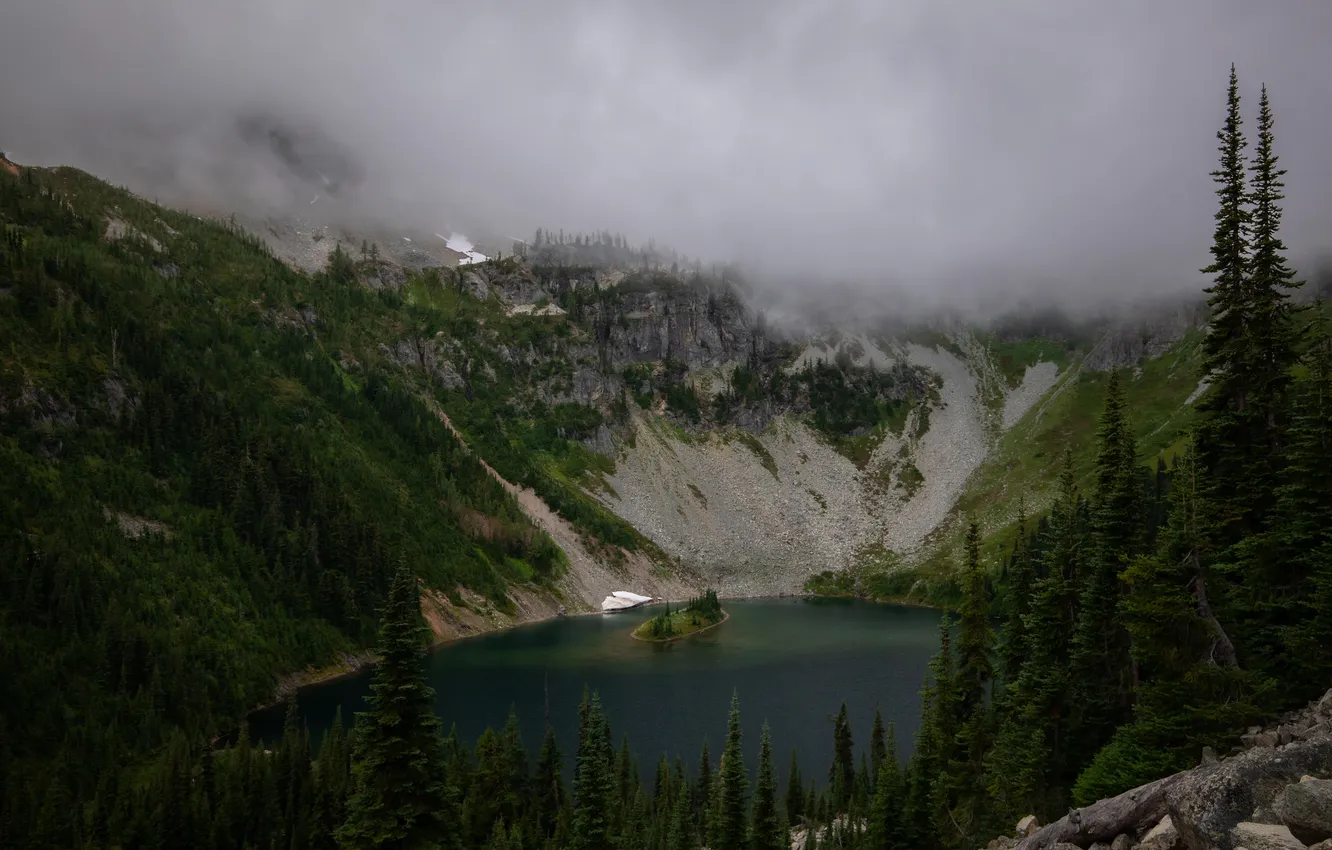 Photo wallpaper forest, mountains, fog, lake, overcast, shore, ate, slope