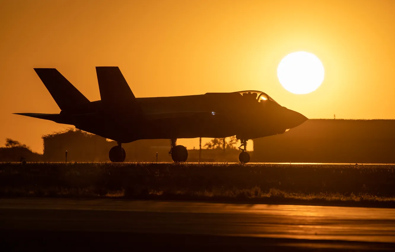 Photo wallpaper sunset, UNITED STATES AIR FORCE, fighter-bomber, Lightning II, Lockheed Martin, F-35A