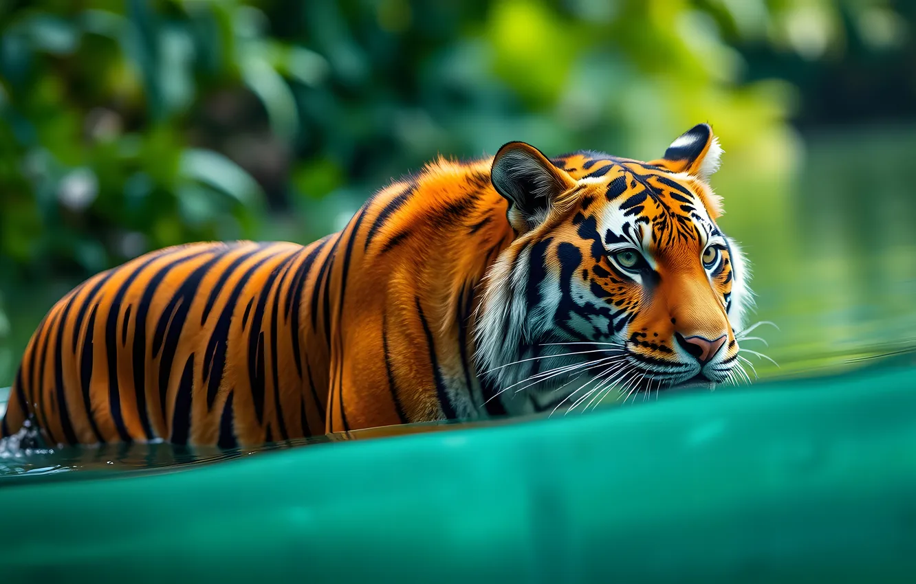 Photo wallpaper look, face, water, tiger, bathing, AI art, neural network