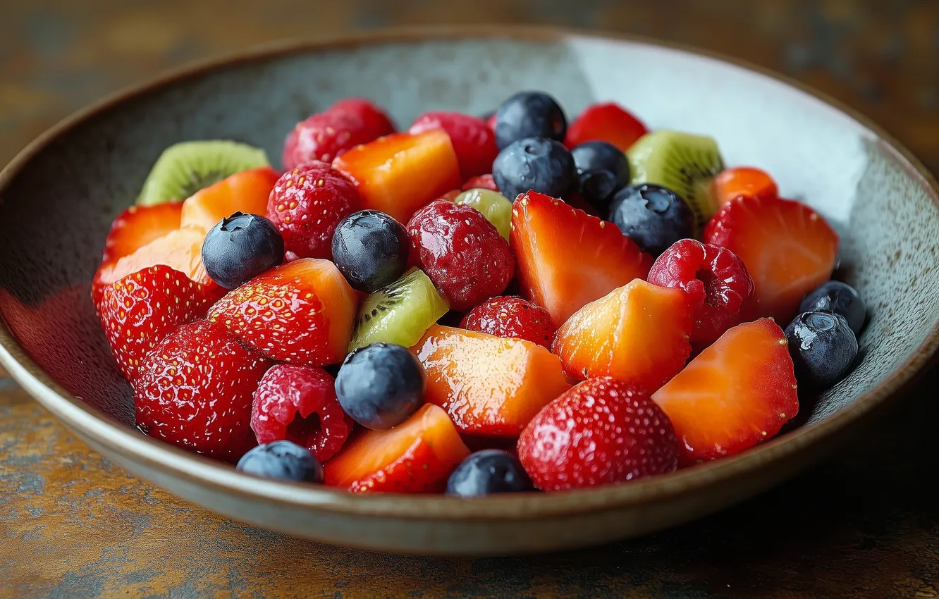 Photo wallpaper berries, table, Breakfast, kiwi, blueberries, strawberry, plate, bowl