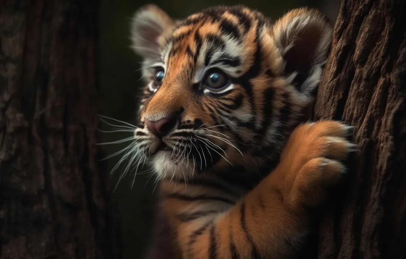 Photo wallpaper look, trees, tiger, the dark background, portrait, legs, baby, cub