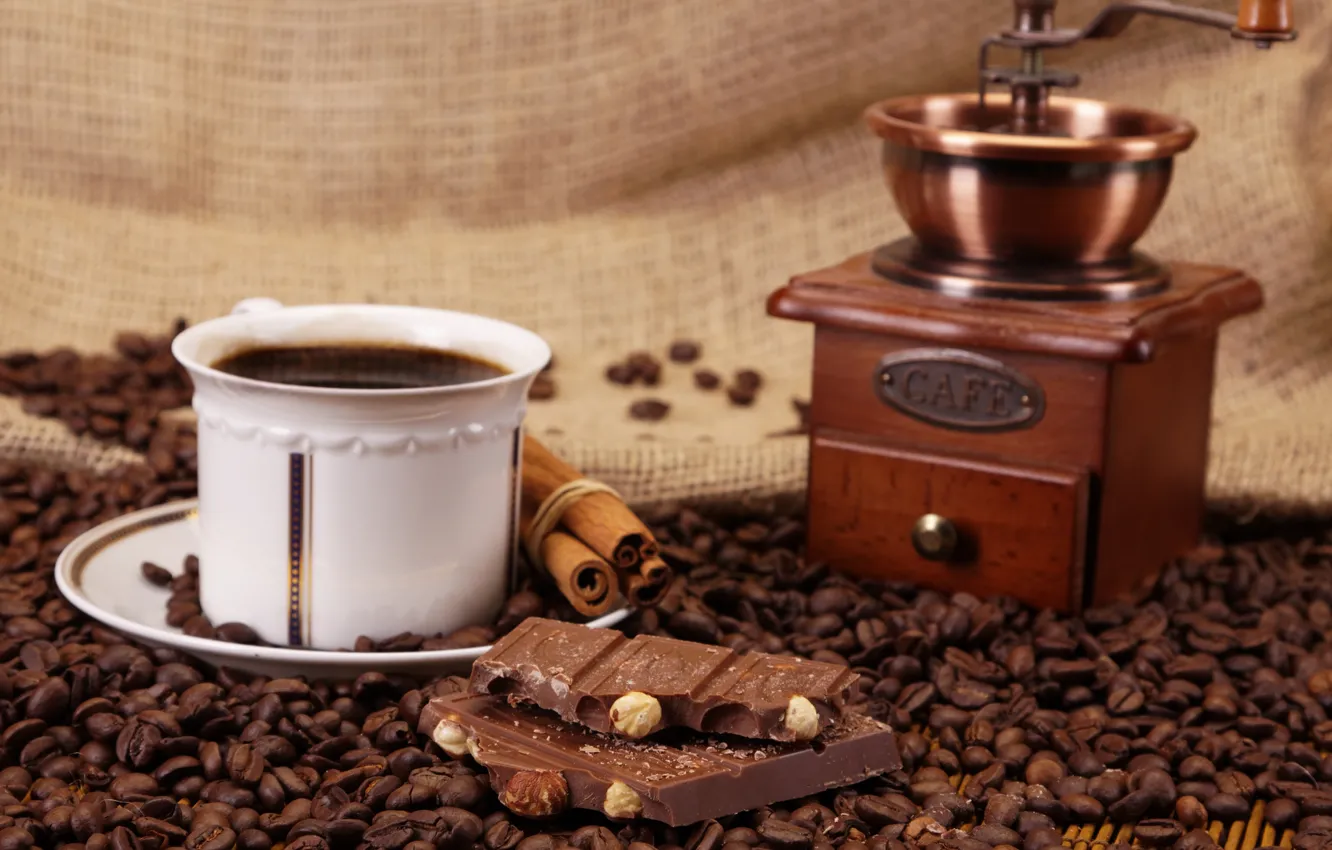 Photo wallpaper coffee, chocolate, grain, Cup, nuts, cinnamon, sweet, coffee grinder