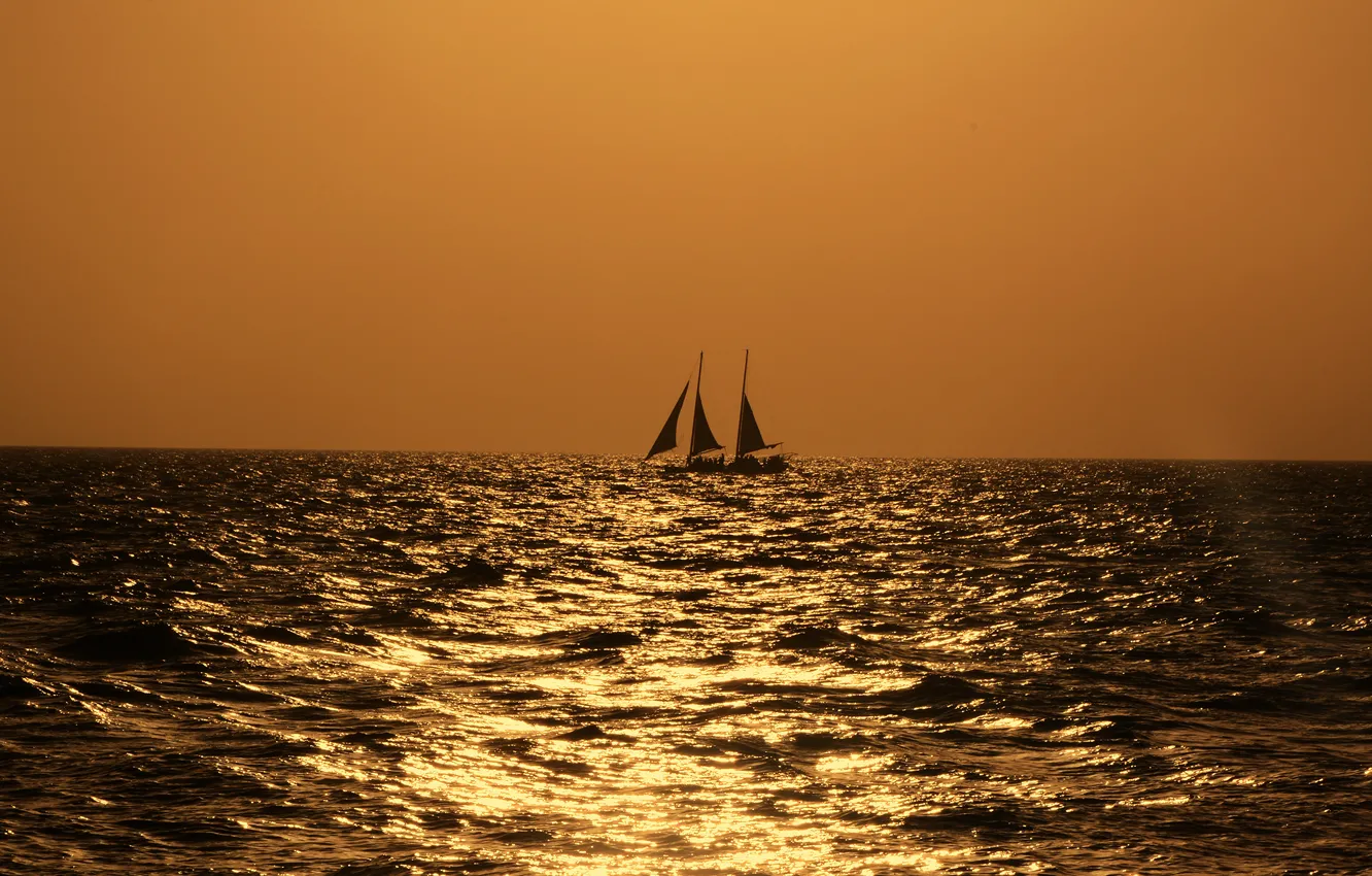 Photo wallpaper water, glare, reflection, the ocean, ship, the evening, yacht, silhouette