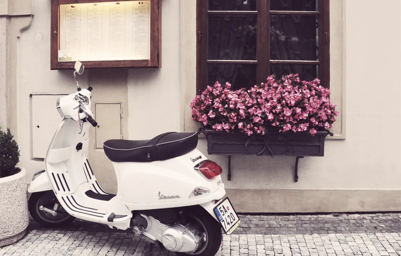Photo wallpaper flowers, street, window, motorcycle, bridge, scooter, Vespa