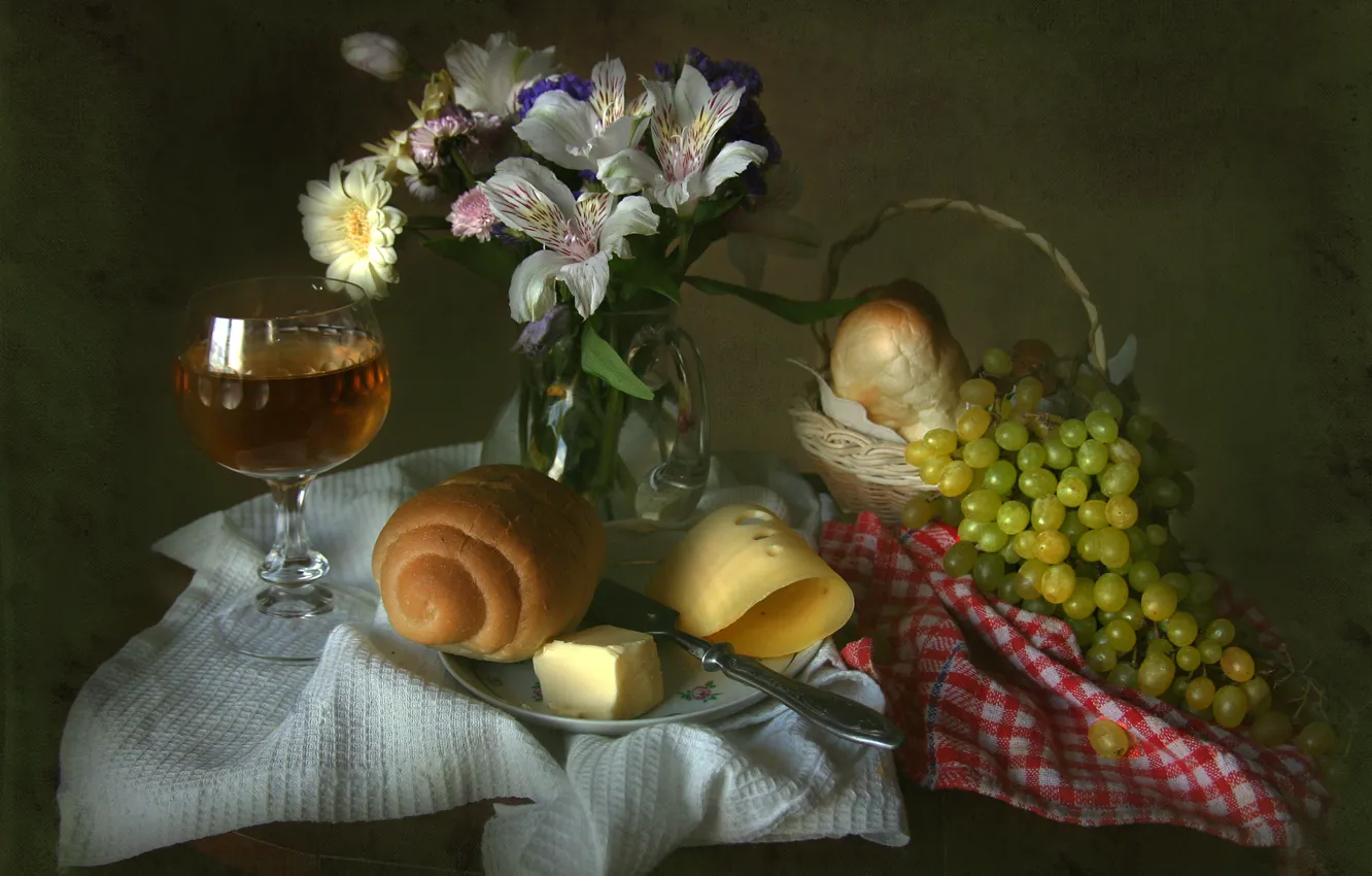 Photo wallpaper wine, glass, oil, towel, bouquet, texture, cheese, grapes