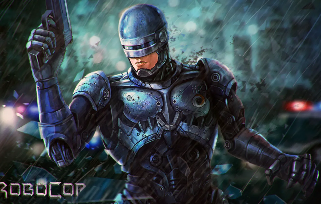 Photo wallpaper gun, fiction, robot, art, helmet, armor, Robocop, RoboCop