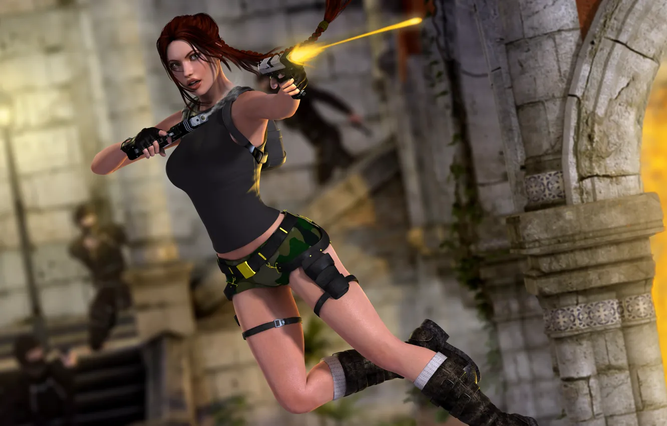 Photo wallpaper girl, rendering, jump, guns, shot, Tomb Raider, ruins, Lara Croft